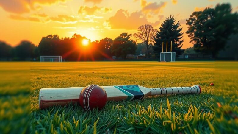 A cricket field at sunset, featuring a vintage bat and ball on the grass, in a warm color palette.