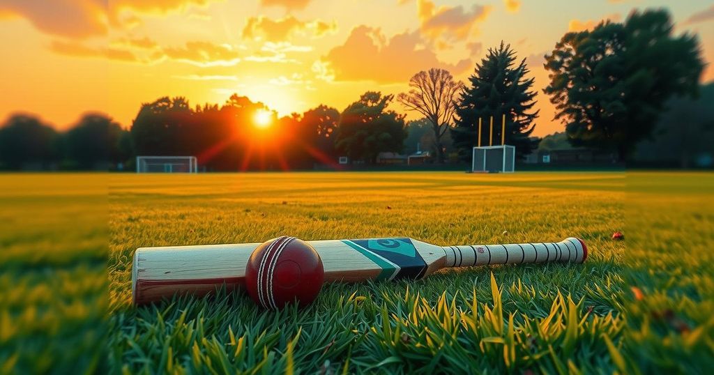 A cricket field at sunset, featuring a vintage bat and ball on the grass, in a warm color palette.