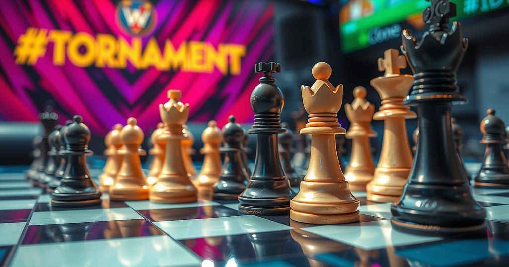 Chess tournament scene with a chessboard, pieces, and tournament branding colors.