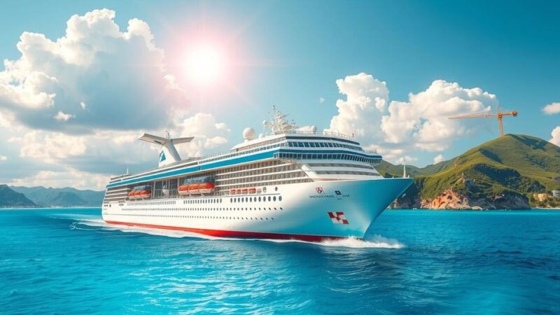 A cruise ship sailing on calm waters under a bright blue sky, surrounded by scenic coastlines.