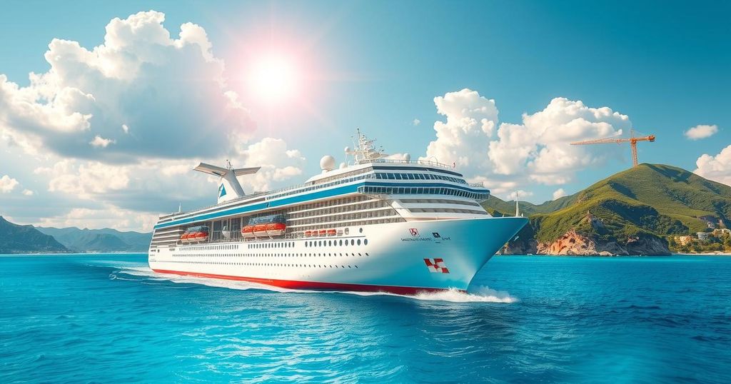 A cruise ship sailing on calm waters under a bright blue sky, surrounded by scenic coastlines.
