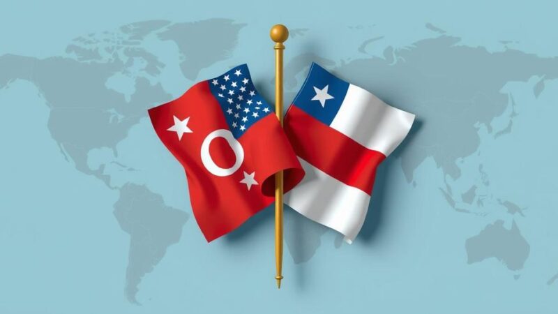 A stylized illustration of two national flags interwoven symbolizing partnership, set against a backdrop of a map.