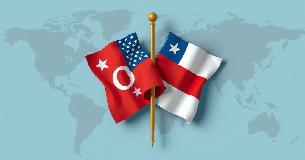 A stylized illustration of two national flags interwoven symbolizing partnership, set against a backdrop of a map.