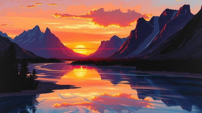 Dramatic sunset over a distant horizon with silhouettes of rugged mountains and a calm river reflecting the light.