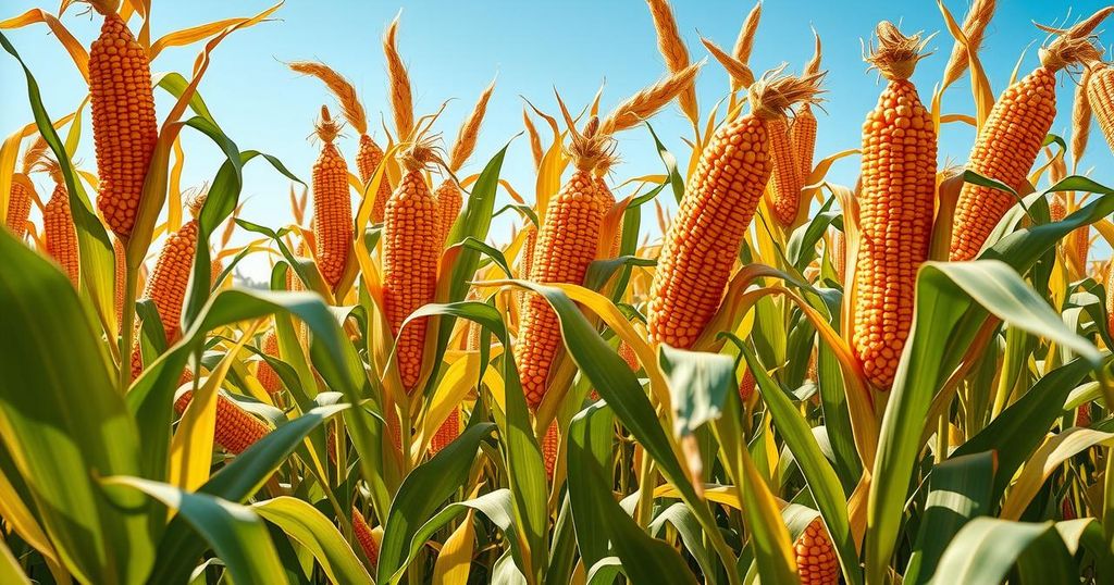 A lush cornfield with a rich golden hue under a bright sky, symbolizing harvest opportunities for U.S. exporters.