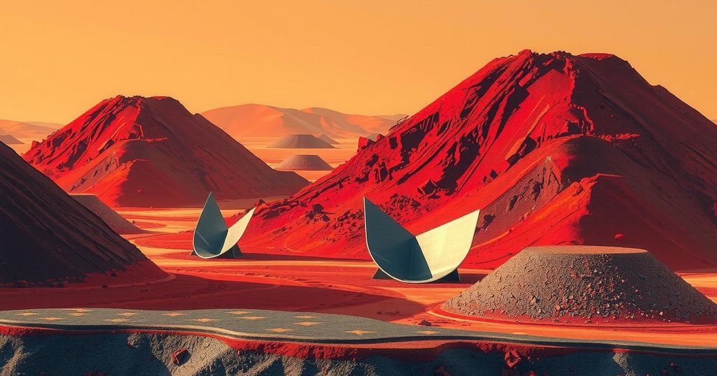 Vibrant landscape of iron ore piles with abstract steel shapes, using warm colors and industrial themes.