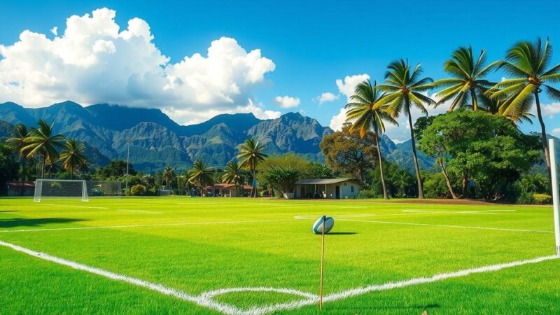 Rugby field in Fiji with lush green grass and bright skies, featuring a goal post and a tropical backdrop.