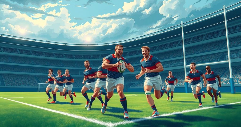 England rugby team preparations featuring players training and a picturesque stadium backdrop.