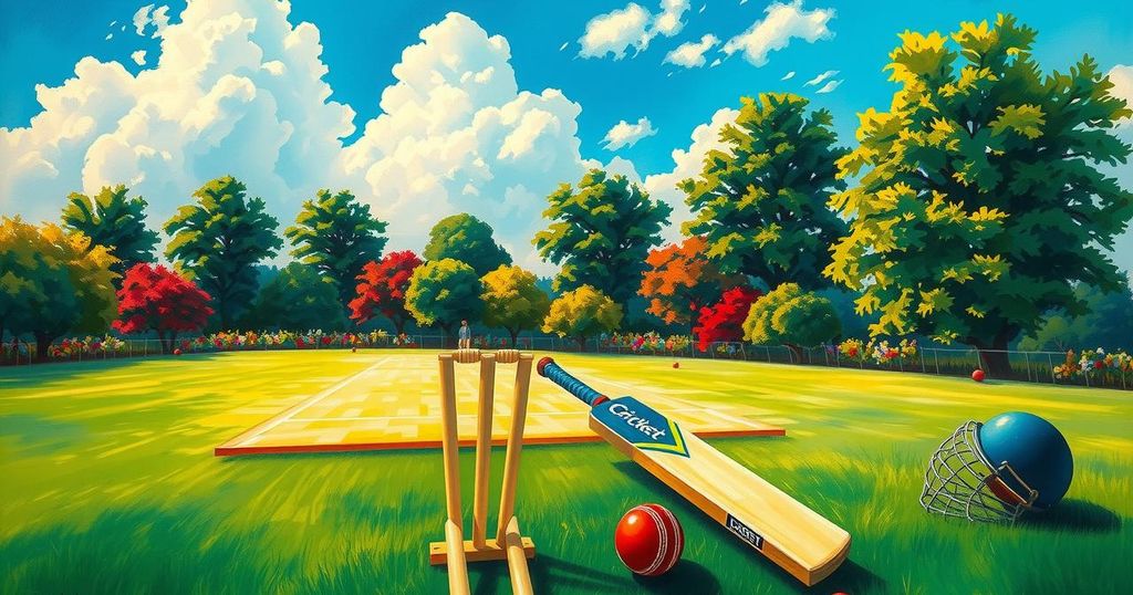 A vibrant cricket scene set in Harare, Zimbabwe, featuring a cricket field, bright skies, and enthusiastic fans.