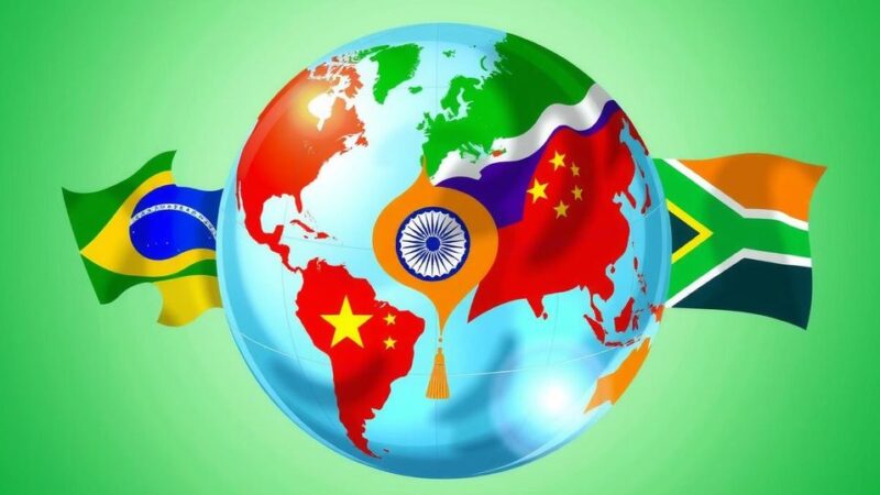 Abstract representation of the BRICS summit with flags of Brazil, Russia, India, China, and South Africa on a globe.