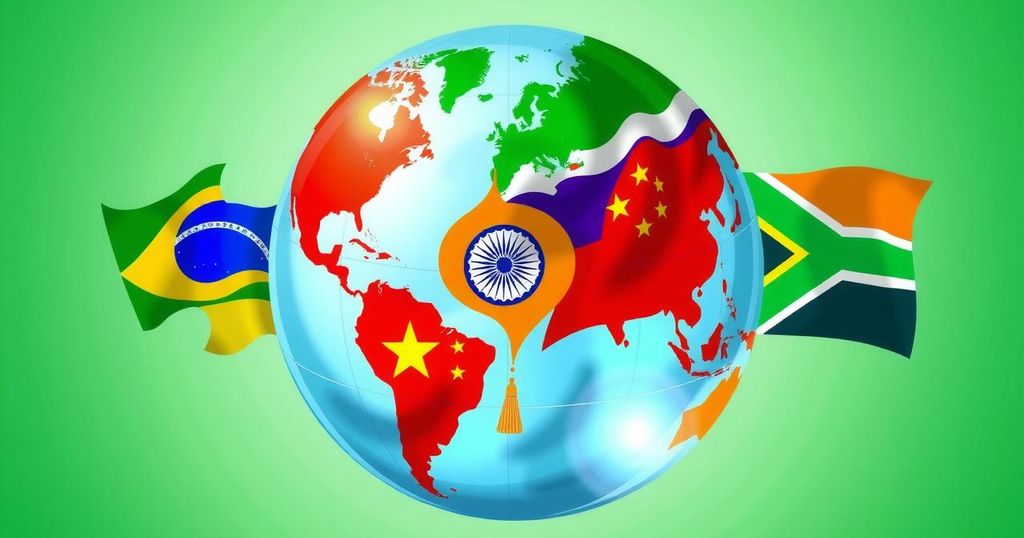 Abstract representation of the BRICS summit with flags of Brazil, Russia, India, China, and South Africa on a globe.
