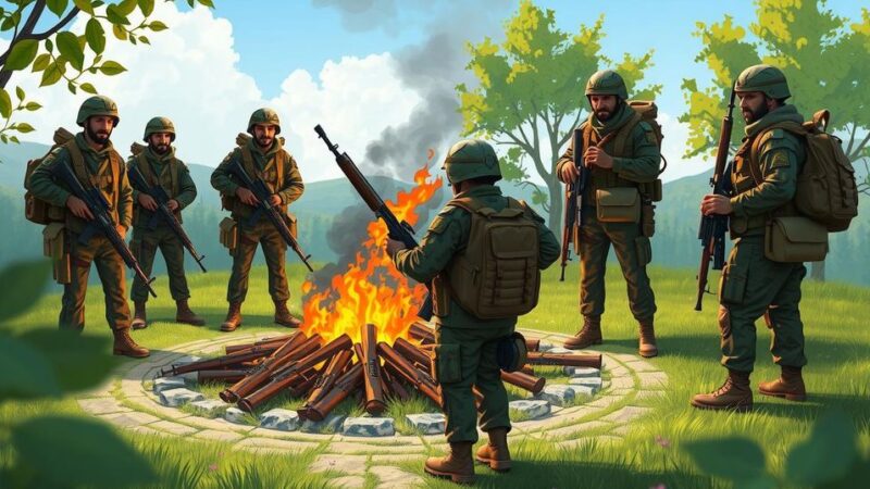 Kurdish fighters in camouflage burning weapons in a symbolic peace gesture, outdoors amidst a serene landscape.