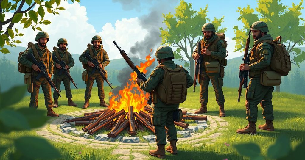 Kurdish fighters in camouflage burning weapons in a symbolic peace gesture, outdoors amidst a serene landscape.