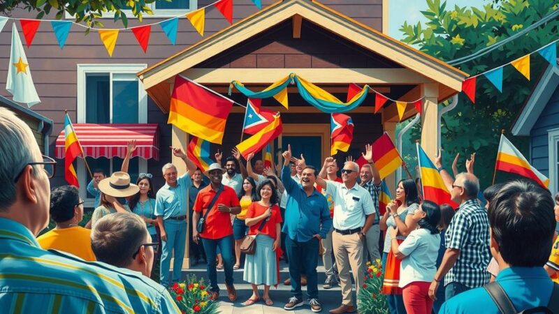 A gathering of supporters outside a home, celebrating unity, with flags and vibrant decorations in bright colors.