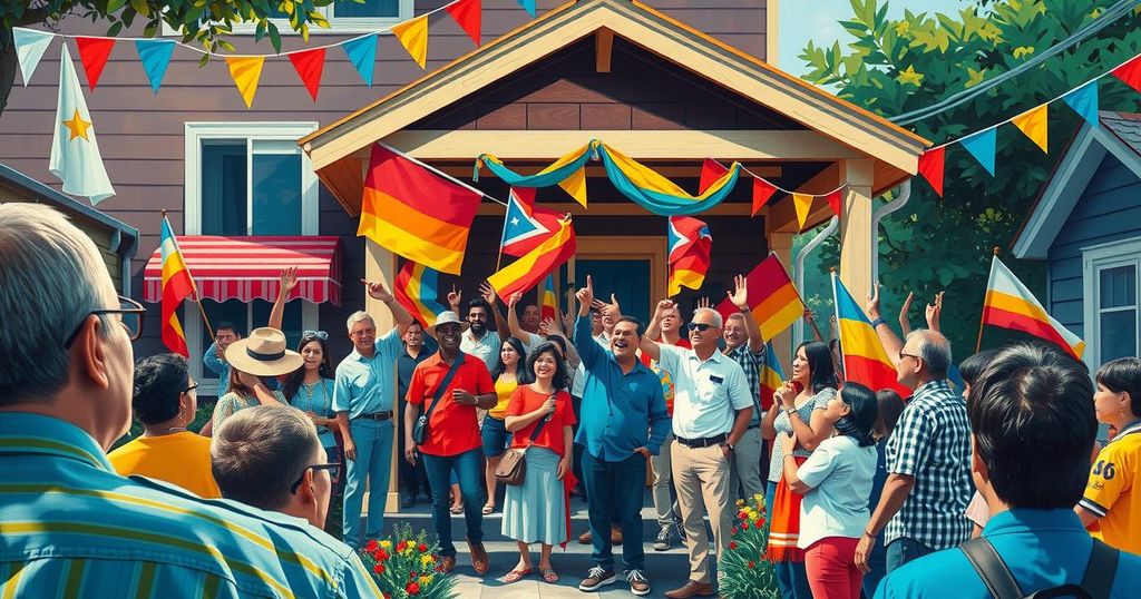 A gathering of supporters outside a home, celebrating unity, with flags and vibrant decorations in bright colors.