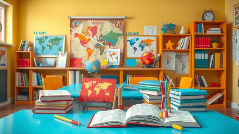 A vibrant classroom scene with books and learning materials, illustrating education disparities in Latin America.