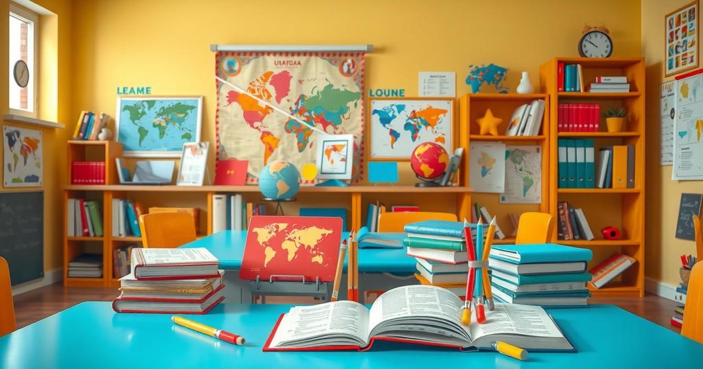 A vibrant classroom scene with books and learning materials, illustrating education disparities in Latin America.