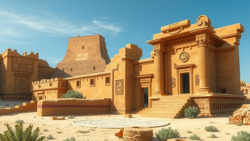 Ancient archaeological site in warm earth tones, showcasing ruins with decorative walls under a bright sky.