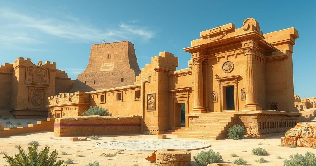 Ancient archaeological site in warm earth tones, showcasing ruins with decorative walls under a bright sky.