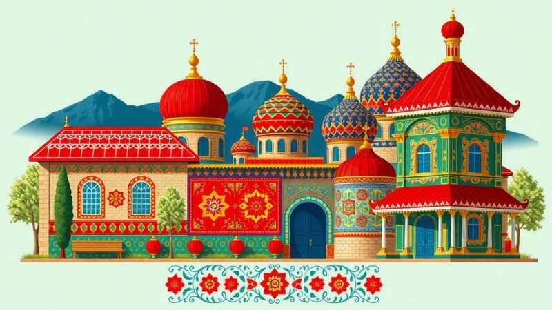 Vibrant cultural scene representing Hungary and Uzbekistan with traditional motifs and rich colors.