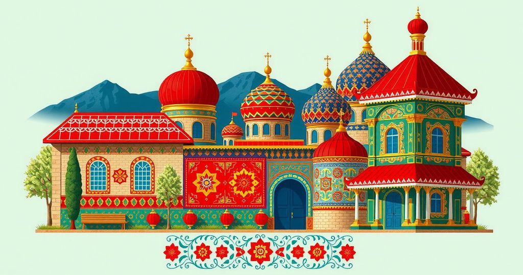 Vibrant cultural scene representing Hungary and Uzbekistan with traditional motifs and rich colors.