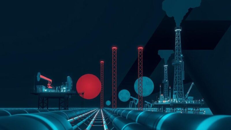 Oil infrastructure under pressure from geopolitical tensions illustrated with dark hues and sharp lines.