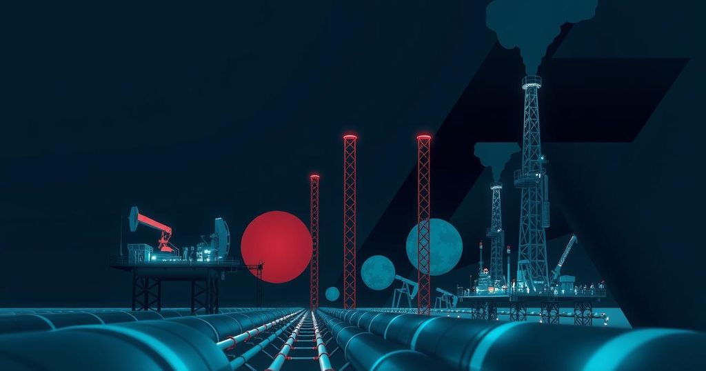 Oil infrastructure under pressure from geopolitical tensions illustrated with dark hues and sharp lines.
