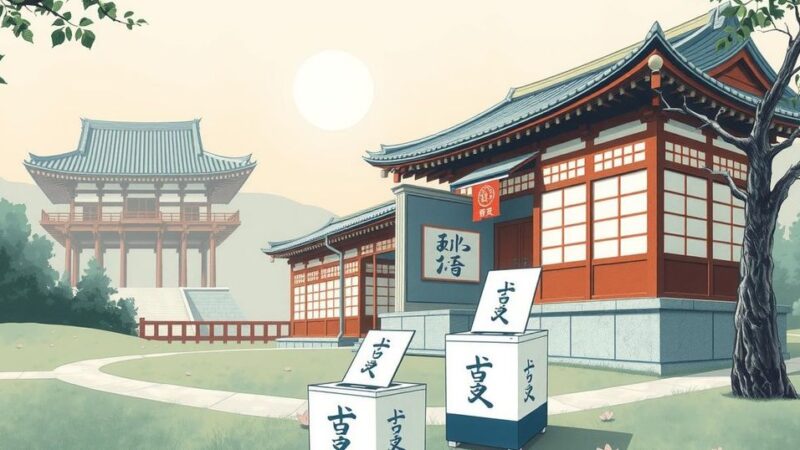 A Japanese election scene showing ballot boxes and voting materials, reflecting a tense political environment in Japan.
