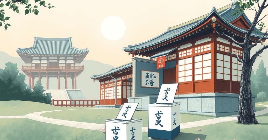 A Japanese election scene showing ballot boxes and voting materials, reflecting a tense political environment in Japan.