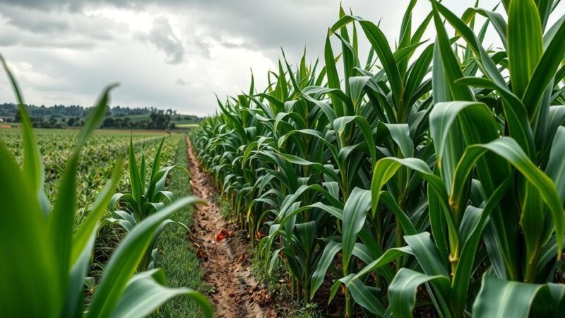 Corn harvest scene in Brazil with lush fields, green leaves, and cloudy skies, showcasing agricultural progress.