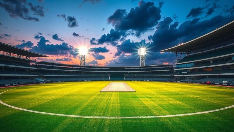 Cricket stadium with vibrant lights and a field ready for T20 matches, focusing on a summer evening sports atmosphere.
