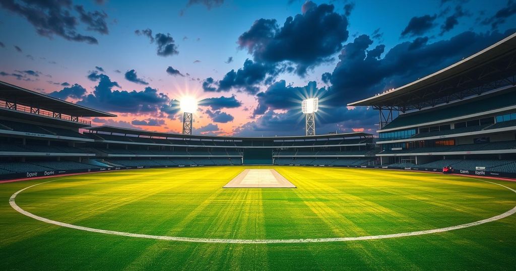 Cricket stadium with vibrant lights and a field ready for T20 matches, focusing on a summer evening sports atmosphere.