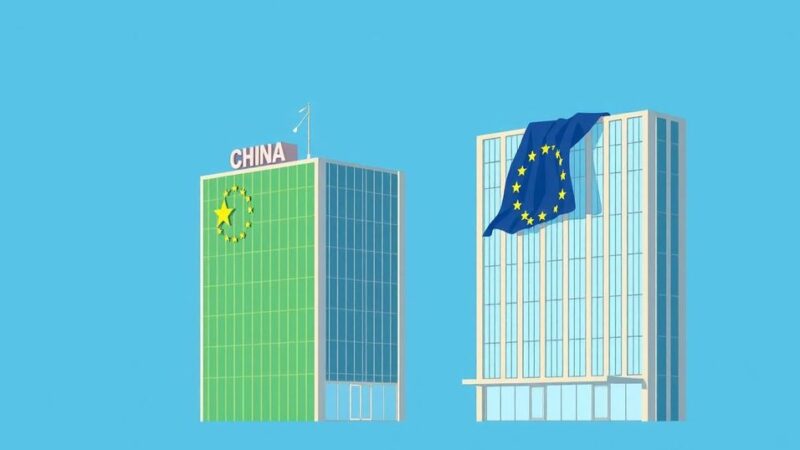 A stylized illustration of two large buildings representing China and the EU, contrasting green and gray color themes.