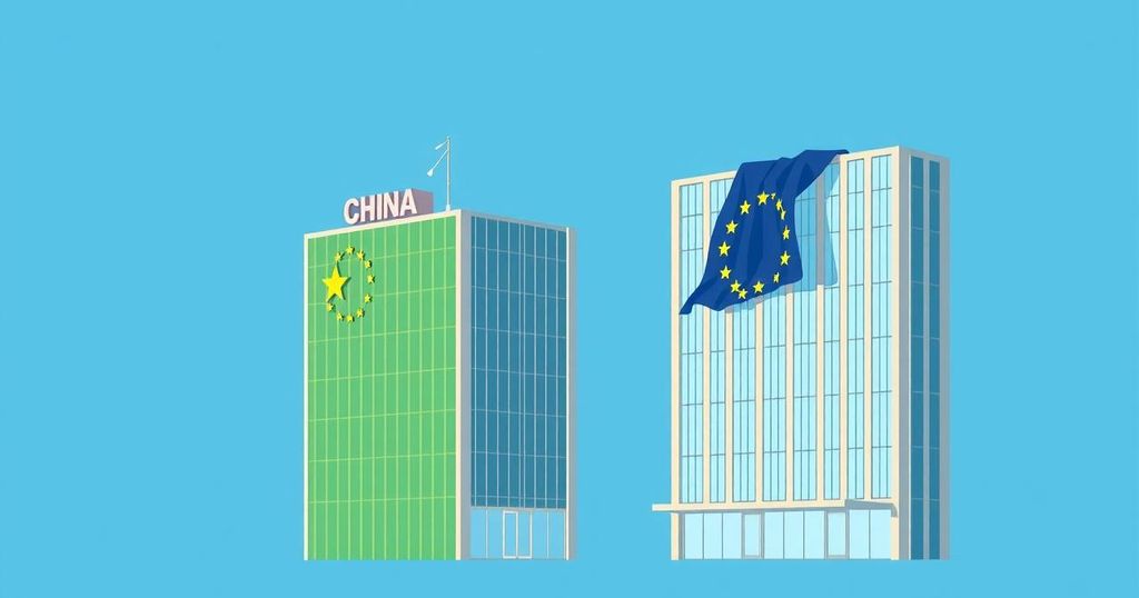 A stylized illustration of two large buildings representing China and the EU, contrasting green and gray color themes.