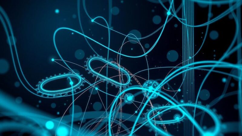 A digital representation of cyber warfare with abstract technology elements, dark tones, and data streams.