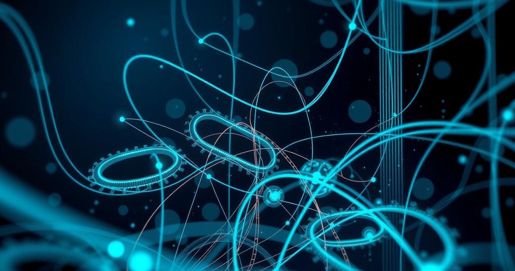 A digital representation of cyber warfare with abstract technology elements, dark tones, and data streams.