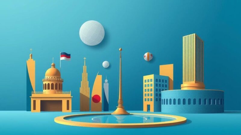 A conceptual representation of international diplomacy and negotiations with flags and visual metaphors.