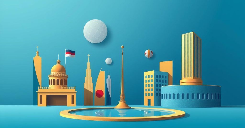 A conceptual representation of international diplomacy and negotiations with flags and visual metaphors.