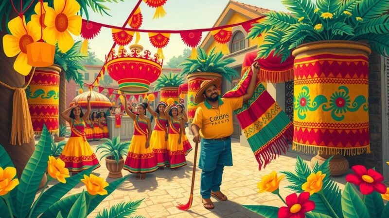 Colorful illustration representing Colombian culture with vibrant decorations and festive elements.