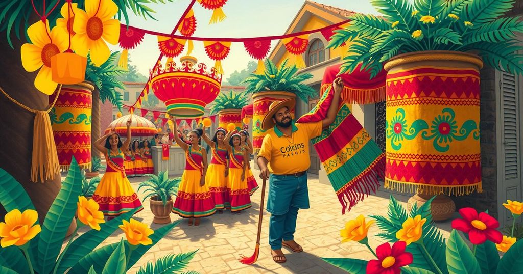 Colorful illustration representing Colombian culture with vibrant decorations and festive elements.