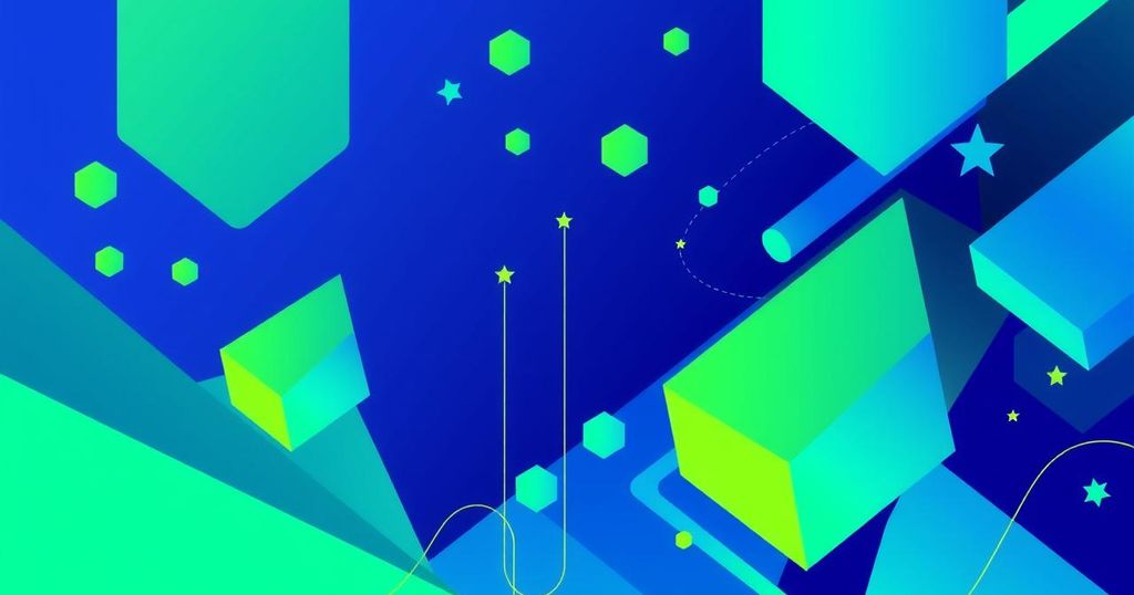 Colorful geometric shapes symbolizing innovation and regulation in cryptocurrency in a modern style.