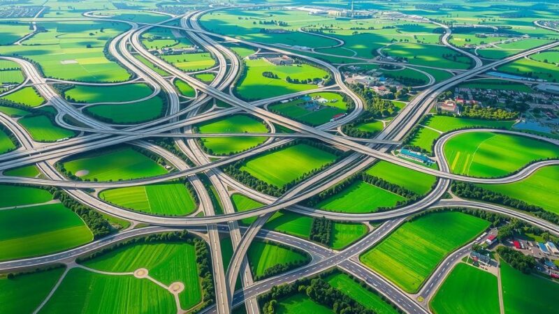 A vast network of interconnected roads and highways amidst lush landscapes, symbolizing unity and development in Guyana.