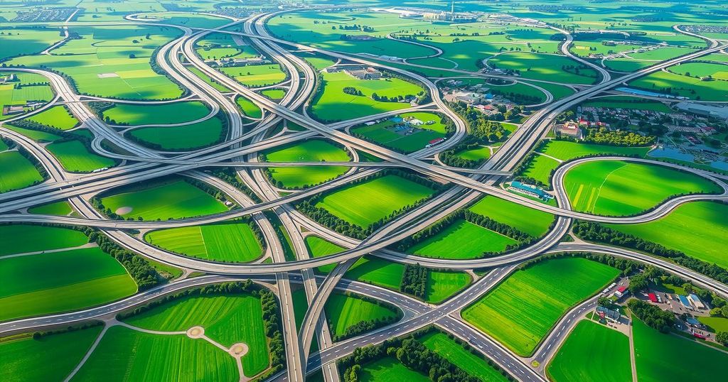 A vast network of interconnected roads and highways amidst lush landscapes, symbolizing unity and development in Guyana.