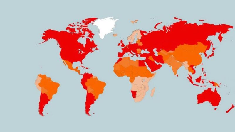 A world map highlighting high-risk countries with warning colors, emphasizing travel advisories without any text.