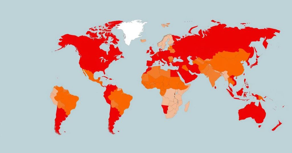 A world map highlighting high-risk countries with warning colors, emphasizing travel advisories without any text.