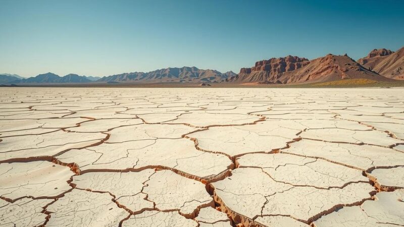 Desolate lakebed with exposed rocks under a clear sky, reflecting severe drought conditions.