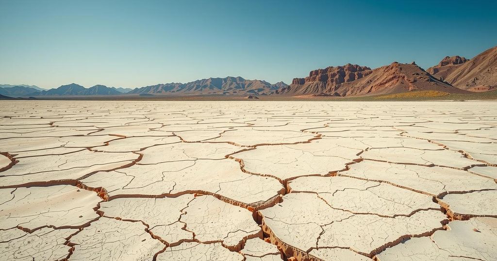 Desolate lakebed with exposed rocks under a clear sky, reflecting severe drought conditions.