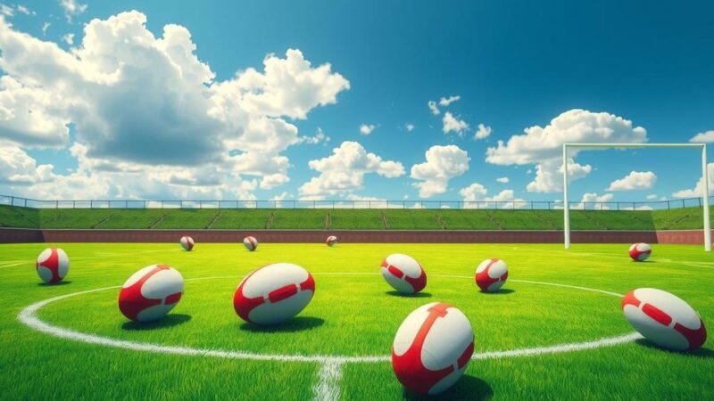 A rugby field showing a bright green pitch under a blue sky, with goalposts and rugby balls in the background.