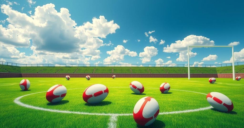 A rugby field showing a bright green pitch under a blue sky, with goalposts and rugby balls in the background.