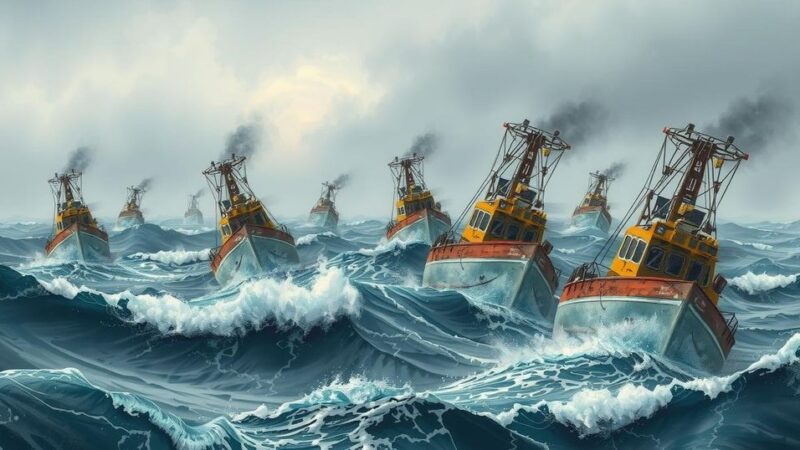 Mullet fishing in Kuwait disrupted by weather and permits, showing boats on a choppy sea under grey skies.